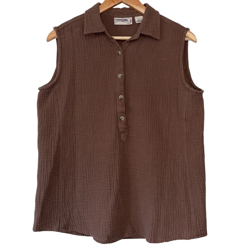 Canyon Guide Top Womens Brown Gauze Sleeveless Button Front Excellent L Brown